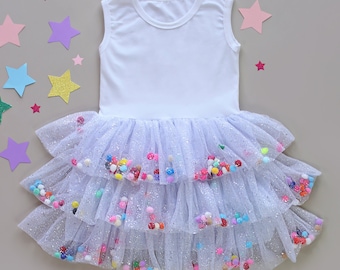 Pom Pom White Tulle Girl Dress - Flower Girl Birthday Outfit, Princess Chiffon Party Dress, Perfect Gift for Special Occasions