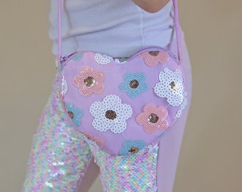 Flower Heart Sequin Purse - Flower Sequin Heart Bag - Girls Heart Purse - Aqua and Pink Floral Heart Bag