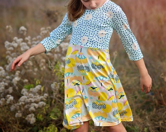 A-Line Dress - Girls Dress - Twirly Dress - Birthday Dress - Party Dress - Aqua and Yellow Floral Dress