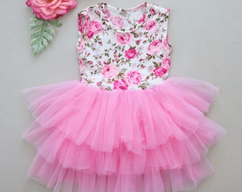 Girls Tiny Pink Roses Tutu Dress- Girls Tutu Dress, pink dress, rose dress, floral dress, roses tutu, gift for girls, pink ruffle dress
