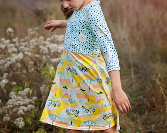 A-Line Dress - Girls Dress - Twirly Dress - Birthday Dress - Party Dress - Aqua and Yellow Floral Dress