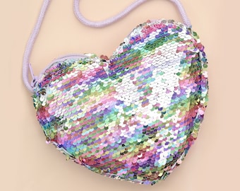 Heart Sequin Purse - Flip Sequin Heart Bag - Girls Heart Purse - Pastel Rainbow and Silver Holographic Flip Heart Bag