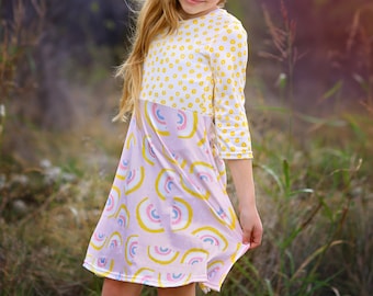 A-Line Dress - Girls Dress - Twirly Dress - Birthday Dress - Party Dress - Pink Yellow Rainbow Dress