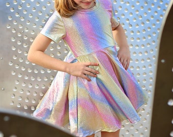 Metallic Pastel Rainbow Dress - Metallic Twirly Dress - Twirly Dress - Birthday Dress - Party Dress - Pastel Rainbow Dress, Birthday Dress