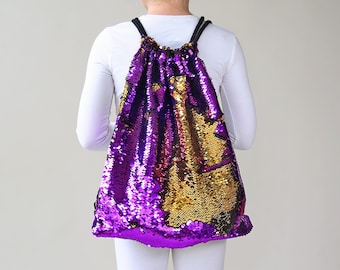 Purple and Gold Sequin Backpack - Sequin Backpack - Sequin Bag - Reversible Sequin Backpack - Drawstring Flip Sequin Backpack