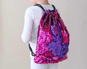 Hot Pink and Purple Sequin Backpack - Sequin Backpack - Sequin Bag - Reversible Sequin Backpack - Drawstring Flip Sequin Backpack