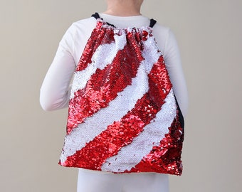 Red and White Sequin Backpack - Sequin Backpack - Sequin Bag - Reversible Sequin Backpack - Drawstring Flip Sequin Backpack - Sequin Bag