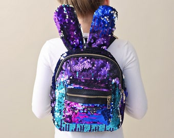 Blue and Purple Bunny Backpack - Bunny Backpack - Bunny Bag - Reversible Sequin Backpack - Sequin Backpack - Sequin Bag