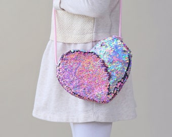 Heart Sequin Purse - Flip Sequin Heart Bag - Girls Heart Purse - Pink and Silver Holographic Flip Heart Bag