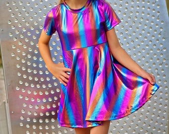 Girls Rainbow Dress- Girls Twirly Purple Birthday School Comfy Trendy Dress, Gift for girls Birthday Party Dress, children preteen kid