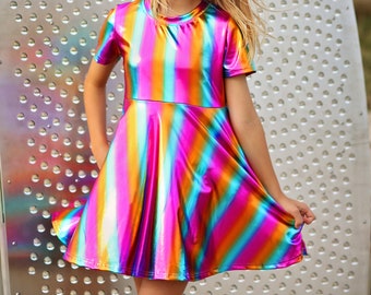 Metallic Rainbow Striped Dress - Metallic Twirly Dress - Twirly Dress - Birthday Dress - Party Dress - Rainbow Dress