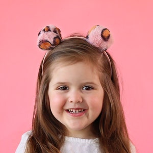 Pink Leopard Pom Pom Headband, Leopard Pom Pom Headband, Pom Pom Ear Headband, ear headband, poof headband, birthday gift, gift for her, pom