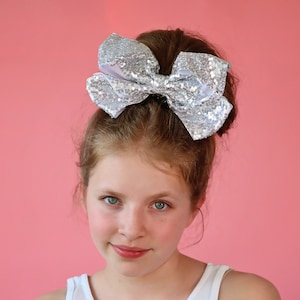 Large Sequin Silver Bow Clip- Large Sequin Bow Clip, Silver Bow, Silver Dance Bow- Oversized Sequin Cheer Bow, Girls Gift, Silver Sequin Bow
