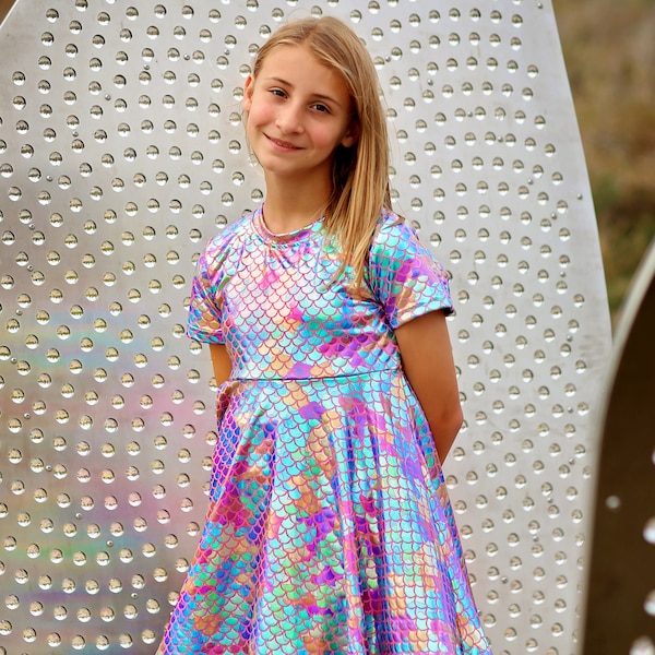 Metallic Pastel Mermaid Dress - Metallic Twirly Dress - Twirly Dress - Birthday Dress - Party Dress - Rainbow Mermaid Dress, birthday gift