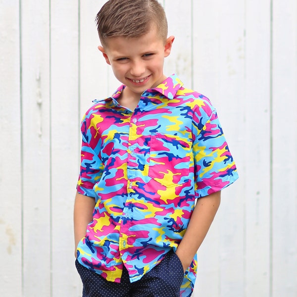 Boys Neon Blue and Pink Camo Button up Shirt - Boys Button Shirt - Boys Dress Shirt, gift for boy, boy camo shirt, boys dress shirt, camo