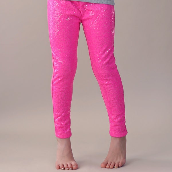 Girls Neon Pink Sequin Shiny Leg gings- Kids Girls, Birthday, Dance, Cheer outfit, solid glitter sparkle shiny sequin leggings, gift-for-her