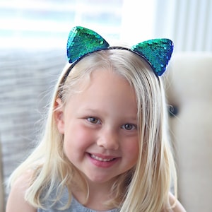 Green Cat Ear Sequin Headband - Sequin Cat Headband - Mermaid Green Cat Headband - Green and Black Reversible Sequins - Sequin Headband