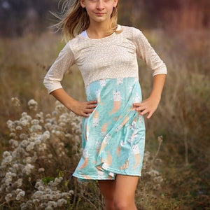 A-Line Dress - Girls Dress - Twirly Dress - Birthday Dress - Party Dress - Aqua and Peach Kitten Mermaid Dress
