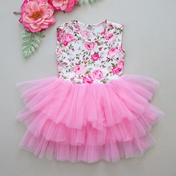 Girls Tiny Pink Roses Tutu Dress- Girls Tutu Dress, pink dress, rose dress, floral dress, roses tutu, gift for girls, pink ruffle dress