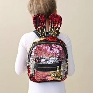 Cute Sequin Bunny Backpack for Kids, Pink and Gold Travel Backpack, Ideal Weekender or School Bag for Girls, Toddler 5-Year-Old Girl Gift image 1