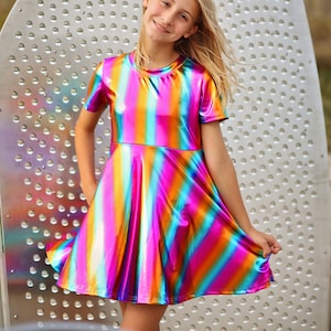 Metallic Rainbow Striped Dress - Metallic Twirly Dress - Twirly Dress - Birthday Dress - Party Dress - Rainbow Dress