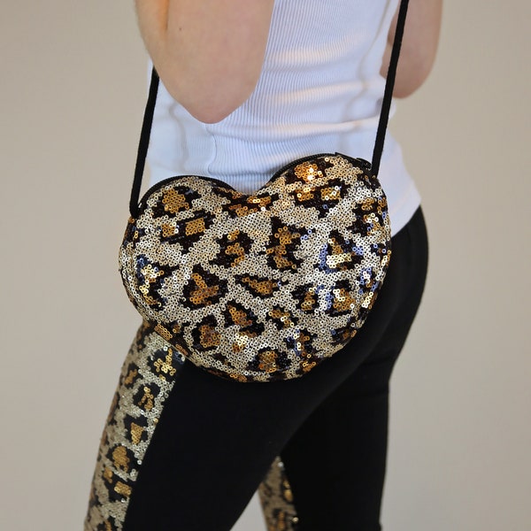 Leopard Heart Sequin Purse - Animal Print Sequin Heart Bag - Girls Heart Purse - Black and Gold Heart Bag