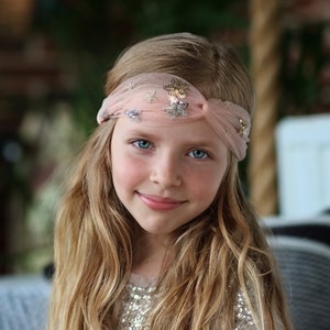 Pink Star Tulle Headband- Gold Sequin Headband, Pink tulle, star headband, sequin stars, birthday gift, star accessory, sheer headband, star