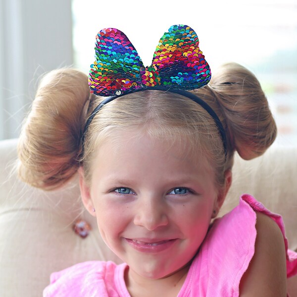 Rainbow Bow Headband - Sequin Bow Headband -  Rainbow Flip Sequins - Rainbow Reversible Sequins