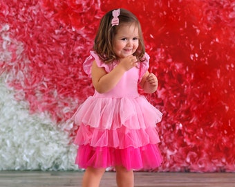 Pink Tulle Flower Girl Dress- Princess Birthday Outfits, Fluffy Party Dress for Special Occasions, Gift for Girls, Twirl-Worthy Flower Girl