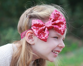 Hot Pink Bow Sequin Headband -Sequin Bow Headband, Pink Sequin Bow, Hot Pink Headband, gift for her, dance accessory, girls birthday gift