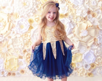 Vestido de niña de tul con lentejuelas brillantes de color azul marino - traje de cumpleaños de niña de flores, vestido de fiesta de gasa princesa, regalo perfecto para ocasiones especiales