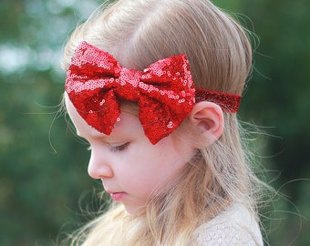 Red Bow Sequin Headband - Sequin Bow Headband- Red Sequin Bow, Blush Sequins, Sequin Headband, Birthday Headband, Red Dance Headband, Gift