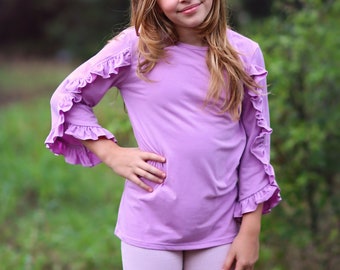 Girls Lavender Ruffled Sleeve Shirt - purple shirt, ruffled shirt, girls shirt, school shirt, gift for her tee, 3/4 sleeve ruffled shirt