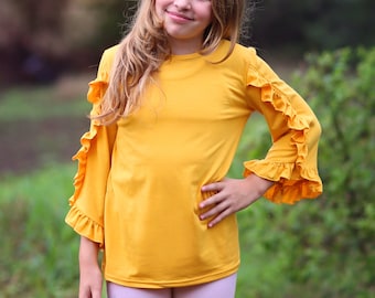 Girls Yellow Ruffled Sleeve Shirt- yellow shirt, yellow ruffled shirt, girls shirt, school shirt, gift for her tee, 3/4 sleeve ruffled shirt