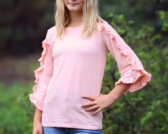 Girls Blush Ruffled Sleeve Shirt - blush shirt, pink shirt, ruffled shirt, girls shirt, school shirt, gift for her, 3/4 sleeve ruffled shirt