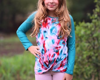 Girls Aqua, Red and Pink Blurred Floral Raglan Shirt - baseball tee, floral shirt, roses, flowers, henley shirt, raglan shirt, gift for her