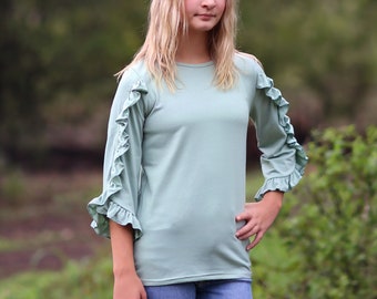 Girls Mint Ruffled Sleeve Shirt - sage shirt, green shirt, ruffled shirt, girls shirt, school shirt, gift for her, 3/4 sleeve ruffled shirt