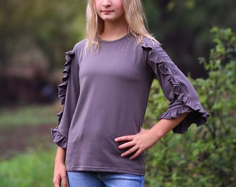 Girls Charcoal Gray Ruffled Sleeve Shirt - gray shirt, ruffled shirt, girls shirt, school shirt, gift for her tee, 3/4 sleeve ruffled shirt