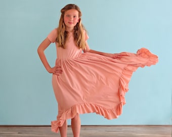 Blush Boho Dress - Long Ruffle Dress - High-low Hem Ruffle Dress - Full Skirt Red Dress - Blush Pink Twirly Dress