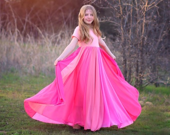 Rosa bodenlange Chiffon Boho Junior Twirl Maxikleid- Hochzeit, Blumenmädchen, Boho Strand, bequem, Fotoshooting, Geburtstag, Party