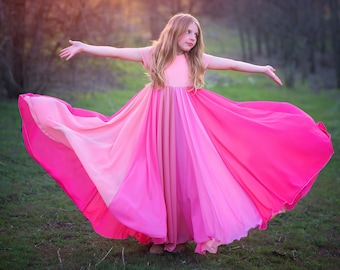 Pink Floor Length Chiffon Bohemian Junior Twirl Maxi Dress- Valentines Dress, Wedding, Flower Girl, Boho Beach, Photoshoot, Birthday, Party