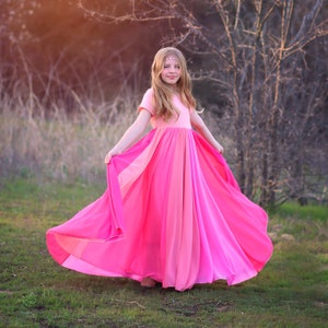 Pink Floor Length Chiffon Bohemian Junior Twirl Maxi Dress- Wedding, Flower Girl, Boho Beach, Comfortable, Photoshoot, Birthday, Party