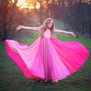 Pink Floor Length Chiffon Bohemian Junior Twirl Maxi Dress Wedding, Flower Girl, Boho Beach, Comfortable, Photoshoot, Birthday, Party image 2