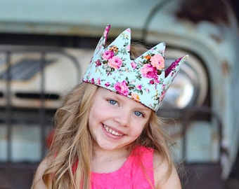 Dress Up Crown - Sequin Crown - Birthday Crown - Hot Pink Sequins Crown REVERSE to Aqua and Roses - Fits all