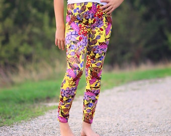 Girls Yellow, Pink, Lavender Bee Floral Leggings - pink pants, flower leggings, flower pants, bee leggings, purple pants, flowers, big pants
