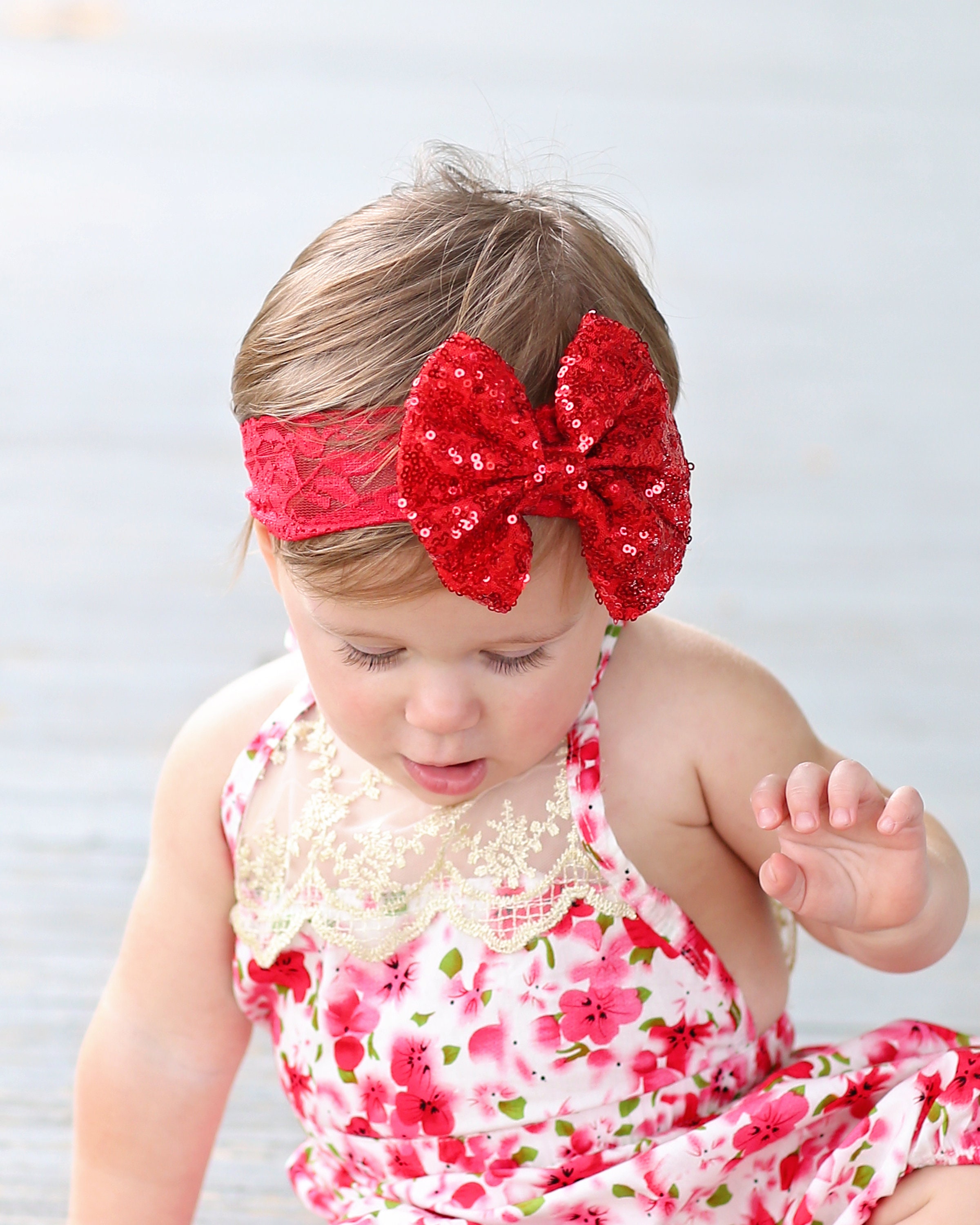 Red Sequin Bow on Lace Headband - Red Sequin Headband - Red Bow