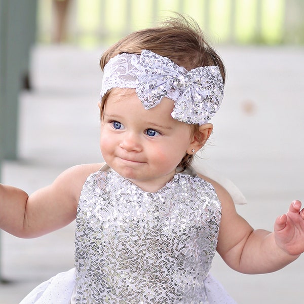 Silver Sequin Bow on Lace Headband
