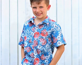 Boys Blue and Red Floral Button up Shirt - Boys Button Shirt - Boys Dress Shirt