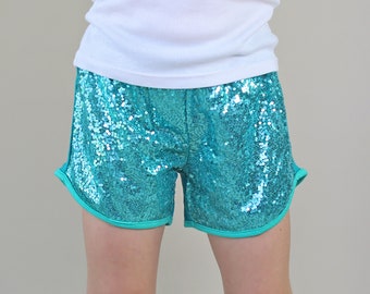 Teal Trendy Sequin Shorts for Kids - Colorful and Fashionable, Perfect Cute Shorts Gift-for-Her, Fun Birthday Present