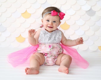 Romper - Tulle skirted, Skirted, Sequin Top Romper - Sequin Romper - Birthday Romper - Photoshoot - Pink and Silver Sequin Flower Romper